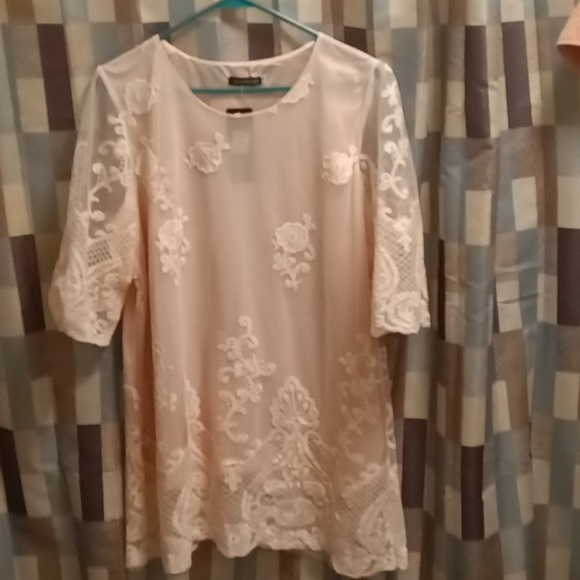 FINAL PRICE NWT JOHN FASHION pink crocheted embossed laced s/s blouse XL - Picture 5 of 6